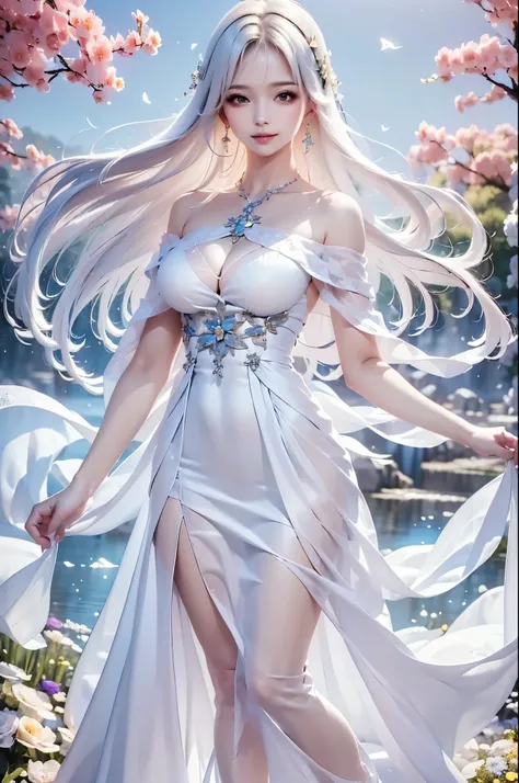 ((masterpiece:1.5、best quality, Very detailed、Realistic))(flower back ground, fantasic composition)1girl, sweet girl, evening dress, off shoulder, full body, medium breasts, white hair, beautiful, Light shines in、Anti-aliasing effect
