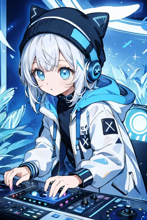 a girl with spiky white hair, bright blue eyes, trendy cat-shaped headphones with light blue accents, a white beanie with an x ​...