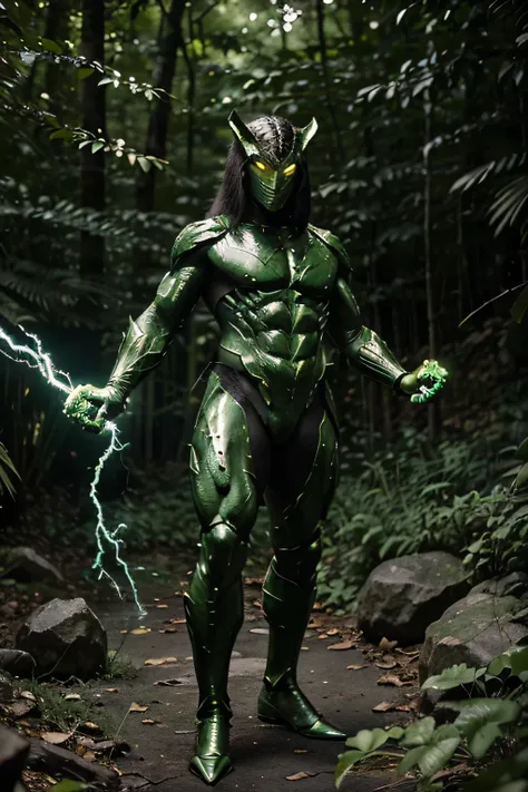  A hulking human-reptile hybrid with a muscular, scaled body that shines in deep shades of green and black. Standing on the edge of a lush jungle, its eyes glow with an intense golden hue, and a forked tongue flickers from its serpentine mouth. The superhe...