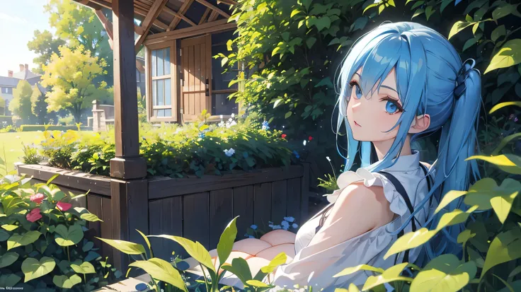 8k，HD，Blue Hair，blue eyes，Sitting sideways in the garden