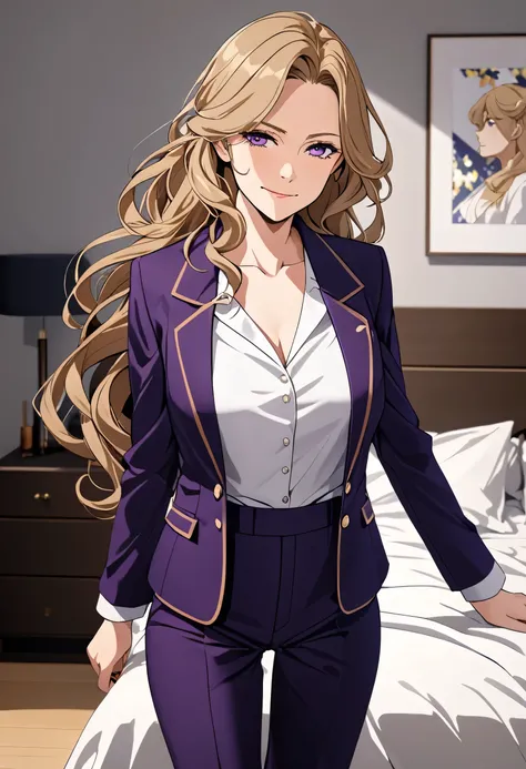 (masterpiece), (high resolution, 8k), (high detailed), woman mature, tall, (wavy long hair (dark blonde)), beautiful face, (close mouth:1.2), tired smile, small breast flat, wearing dark purple opened blazer with ribbons and dark purple pants matching, sta...