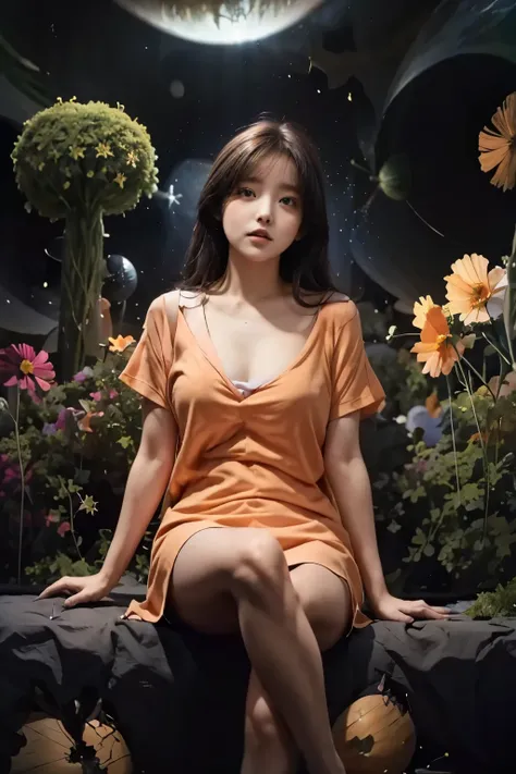 masterpiece, Best Quality, One girl, Colored Shirt, Sitting, (Horror:1.25), (Cosmos:1.5), (Black Hole:1.25)