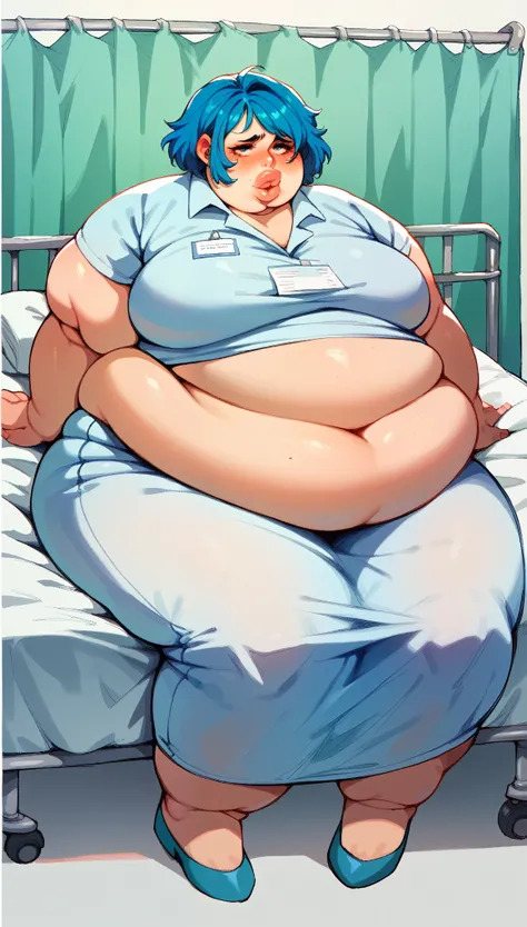 Chubby, fat, obese, woman, hospital patient clothes, exposed belly, blush, hospital, sitting down in hospital bed, big lips, blue hair, short hair 