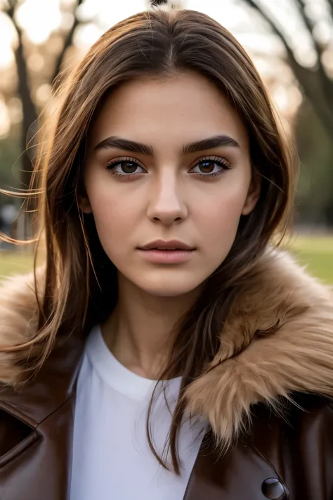 a shot of a 22-year-old female influencer, heart face type, honey eyes, pronounced cheekbones, soft leather, light brown fur, in a park. Take the photo that is generated with high realism, white lighting with iPhone 14 pro max camera

