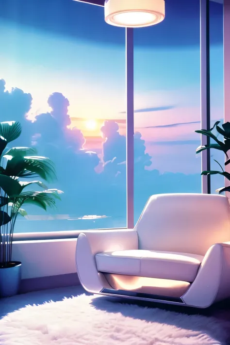 1989 penthouse interior, High Resolution, cozy, aesthetic, dreamy, hazy and misty, chill vibes, shine and glow, white furniture, luxe,