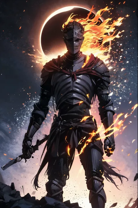 masterpiece:1.2, best quality, dark, solar eclipse, fire, action shot, knight, standing, centered, portrait, front view, in the style of  Kentaro Miura, 