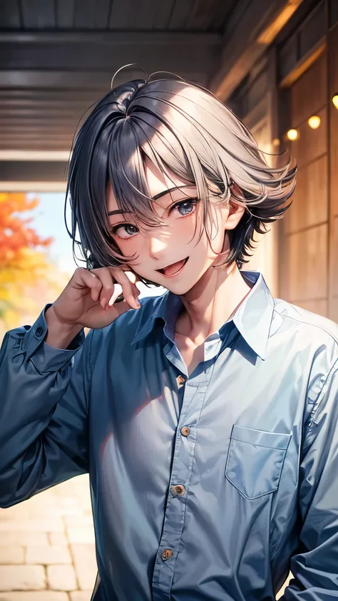 A 24 years old Japanese innocent boy (( boy’s body, slender)),((put his hands on his mouth )), bluish gray extra very short hair(( voluminous  hair ))(( much shaggy forelock:1.3)),((taper cut )), long sleeves shirts ((pale autumn color )),slender chesterfi...