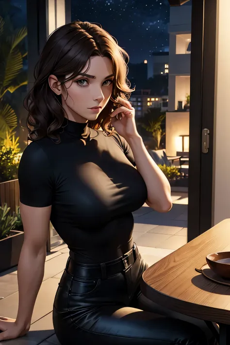 masterpiece, best quality, agrias, a woman, solo, wearing a tight black shirt, black pants, standing, Wavy hair, brown hair, short hair, age 22, muscular , detailed face, detailed face,  modern house patio,  sitting on a chair, head up, Night time