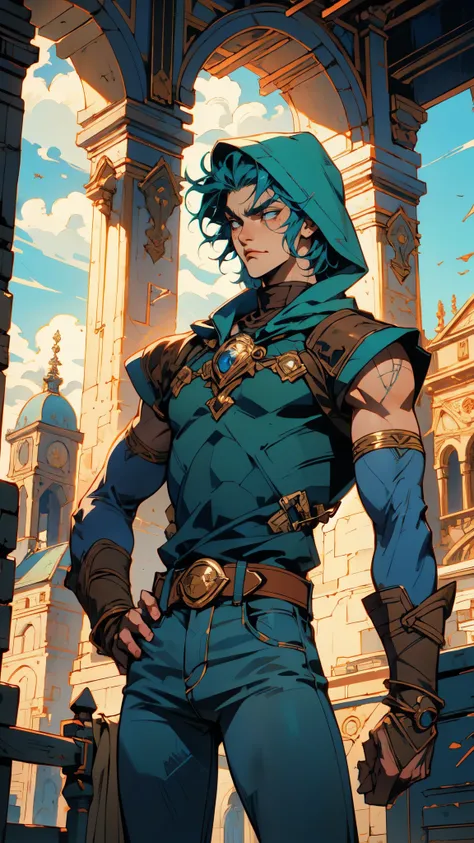 (masterpiece:1.2, best quality:1.2, extremely delicate:1.2), ((male:1.5)), a young man with messy blue short hair, three deep claw scars on his face, drooping eyelids, a lethargic expression, a faint smile, a tall and robust build, a blue-green fantasy-rea...