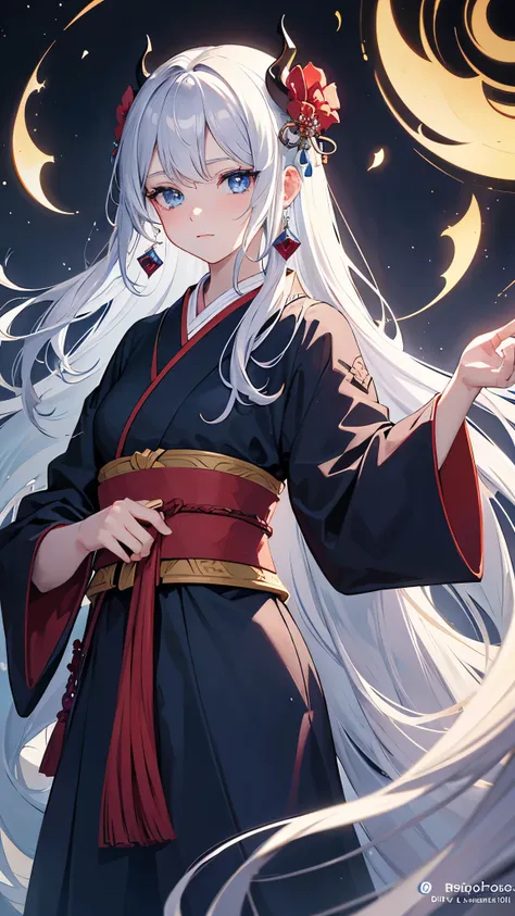 Solo, 1 girl, Long hair, High resolution, โมเดลHigh resolution, Very detailed, High Detail, Masterpiece, Long hair, shill, shillระหว่างตา, White hair, My hair, shillแสกกลาง, Dye your hair and hide in, Long wavy hair, , Crescent Moon Earrings, Crystal earri...