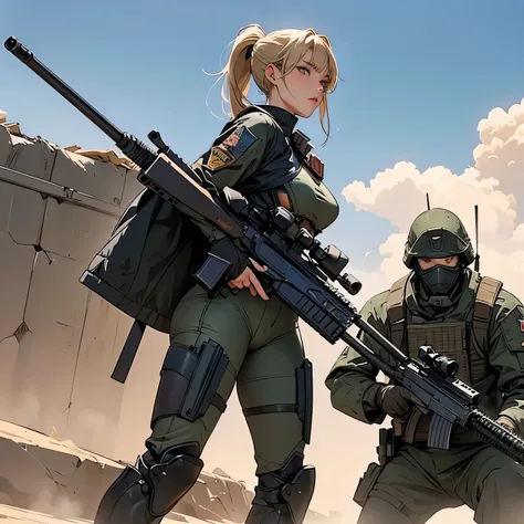 nsfw, Anime screencap, 16k, perfect anatomy proportion body, action, A dynamic composition with a sense of speed and movement, (Snipe with an assault rifle, shooting:1.6), a wife, 40age, perfect beautiful delicate sexy face, perfect beautiful delicate eyes...