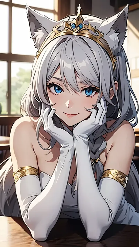 Tabletop　High resolution　Please redeem　8k　 Adult women　Anime Style　White long gloves（Elbow rest gloves）　White Long Dress（Strapless）（Gold decoration）　White wolf ears　Small Tiara　Semi-long hair（（Side Tail）（Gray Hair）（Braiding）（Fluffy））　blue eyes　Attractive f...