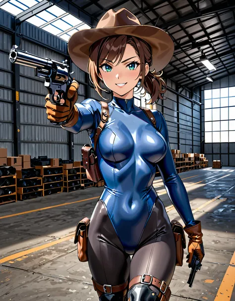 masterpiece, best quality, 8k, 1lady, solo, solo focus, (tall body), hispanic, brown hair, short hair, ponytail, blue-green eyes, medium breasts, beautiful detailed eyes, beautiful detailed face, smirk, ((brown cowboy hat)), (bodysuit, (solid blue bodysuit...