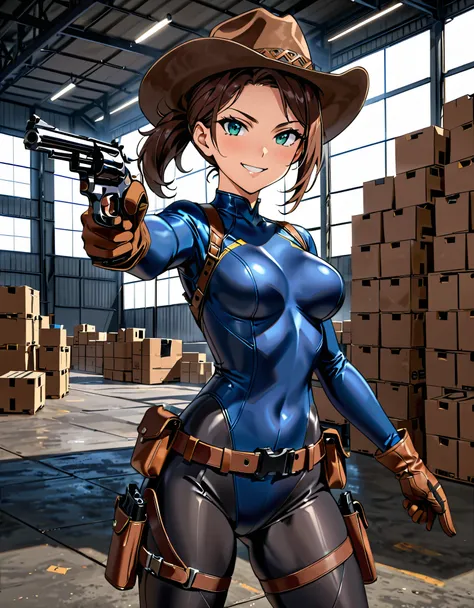 masterpiece, best quality, 8k, 1lady, solo, solo focus, (tall body), hispanic, brown hair, short hair, ponytail, blue-green eyes, medium breasts, beautiful detailed eyes, beautiful detailed face, smirk, ((brown cowboy hat)), (bodysuit, (solid blue bodysuit...