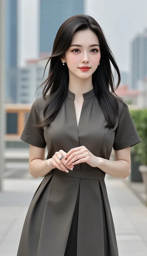 Portrait of an elegant and sophisticated 27-year-old Korean woman, exuding grace and allure. Her hair is styled in a chic, flowing mane, cascading over her shoulders with a touch of curl at the ends that speaks to a sense of timeless beauty. She is dressed...