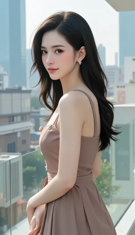 Portrait of an elegant and sophisticated 27-year-old Korean woman, exuding grace and allure. Her hair is styled in a chic, flowing mane, cascading over her shoulders with a touch of curl at the ends that speaks to a sense of timeless beauty. She is dressed...