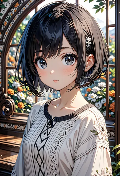 {masterpiece},{best quality},{1girl}, cute, Amazing, beautiful detailed eyes, black eyes, short hair, black hair,finely detail,Depth of field,extremely detailed CG,original, extremely detailed wallpaper,upper body, looking at viewer