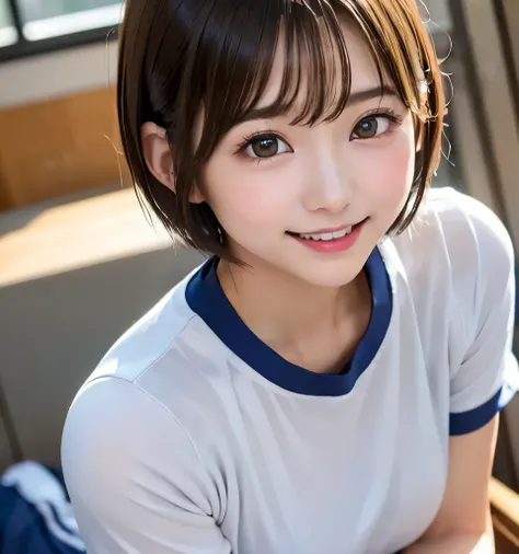 Best Quality、8k、masterpiece、Ultra-high resolution、Clear Photo、RAW Photos、detailed、(Very cute 、beautiful girl、Cute Yoda Yuki、The cutest in the world)、Adorable idol、baby face、Small Face、No makeup、Thin eyebrows、Smiling with teeth showing、(Very short hair:1.6)...