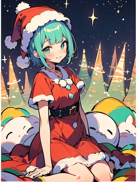 alone,sitting,(pastel blue short pixie cut),(short blunt bangs), Vibrant colors, Magical atmosphere, Whimsical, ((Star-filled sky，the north star shines))，(The room is filled with a Christmas mood.. Strings of brilliant colored lights hang from the walls, C...