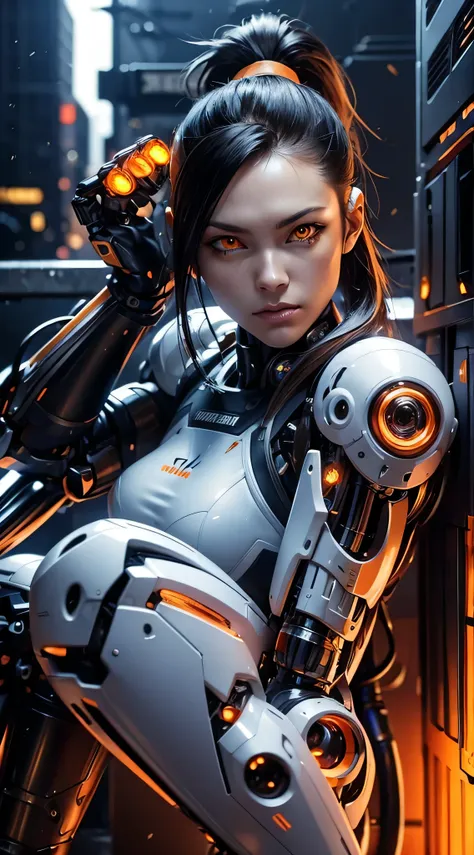 cyberpunk, female cyborg, special ability, uniform, mechanical enhancement, beleza, black hair, japan, knee up, beautiful face, ...