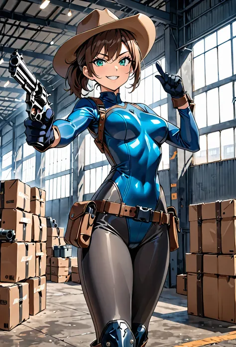 masterpiece, best quality, 8k, 1lady, solo, solo focus, (tall body), hispanic, brown hair, short hair, ponytail, blue-green eyes, medium breasts, beautiful detailed eyes, beautiful detailed face, smirk, ((brown cowboy hat)), (bodysuit, solid blue bodysuit,...