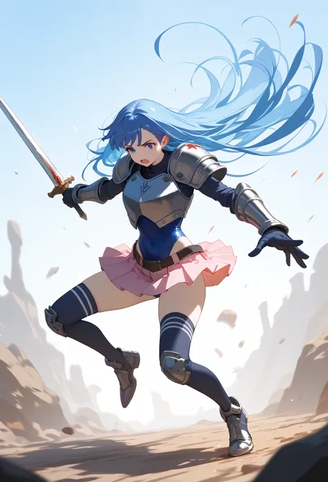 score_9, score_8_up, score_7_up, score_6_up, score_5_up, score_4_up, full body, A girl with long navy blue hair and leotard armor swinging a Western sword horizontally, her miniskirt flipped up by centrifugal force., Pink pleated skirt, Creatures, Monster,...