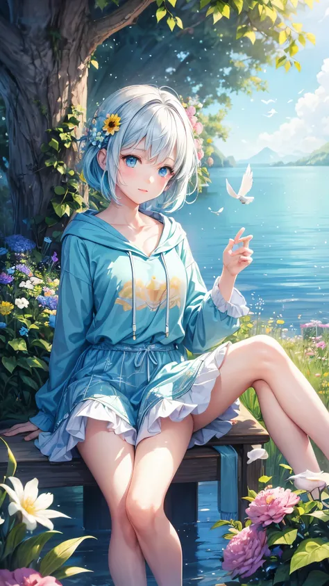 In watercolor anime style, we create a detailed illustration of a girl with short off-white hair and blue eyes that shine like light shining into the impressive deep sea, sitting surrounded by pastel-colored birds. The girl has a cute appearance and wears ...