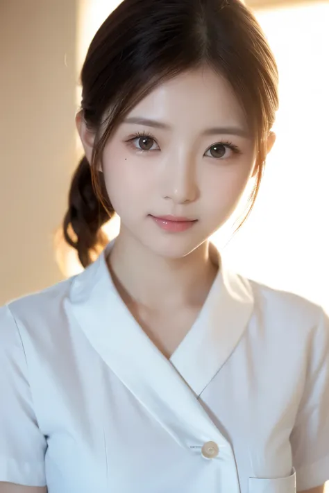 (Tabletop,highest quality,16k,Ultra-high resolution)、(One beautiful nurse:1.1),(The perfect white nurse uniform:1.1),beautiful hair,Accurate anatomy,(Strongly blurred white background:1.1),(very bright white lighting:1.1),(Close-up of face:1.3),Perfect bea...