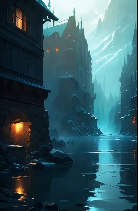  water near a mountain, a matte painting inspired by Andreas Rocha, trending on cgsociety, fantasy art, beautiful and cinematic lighting, andreas rocha style, the style of andreas rocha, realistic photo of a town, dramatic lighting. concept art, whiterun i...