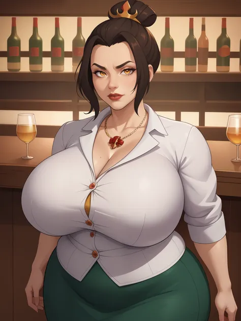 azula, amber eyes. wavy dark brown hair strands above her shoulders. huge saggy breasts. huge hips. bbw. necklace. bow. skirt. s...