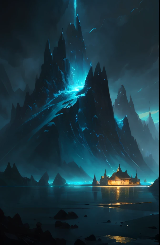  water near a mountain, a matte painting inspired by Andreas Rocha, trending on cgsociety, fantasy art, beautiful and cinematic lighting, andreas rocha style, the style of andreas rocha, realistic photo of a town, dramatic lighting. concept art, whiterun i...