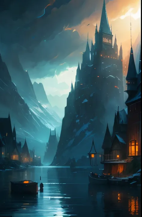  water near a mountain, a matte painting inspired by Andreas Rocha, trending on cgsociety, fantasy art, beautiful and cinematic lighting, andreas rocha style, the style of andreas rocha, realistic photo of a town, dramatic lighting. concept art, whiterun i...