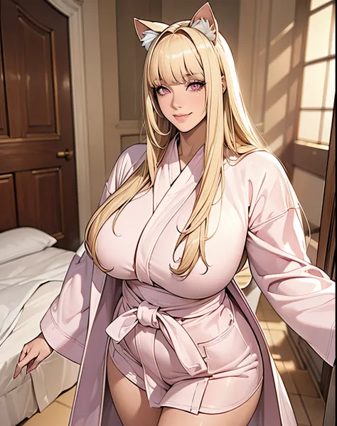 1girl, (Pink Eyes), (smiling), (beautiful makeup), (big :1.2), big ass, thin waist, thick thighs, (toned legs :1.1), (Best Quality, Masterpiece), shiny skin, kitty ears, (blonde long hair whit bangs :1.2), (bathrobe :1.3), standing, dynamic pose, in a luxu...