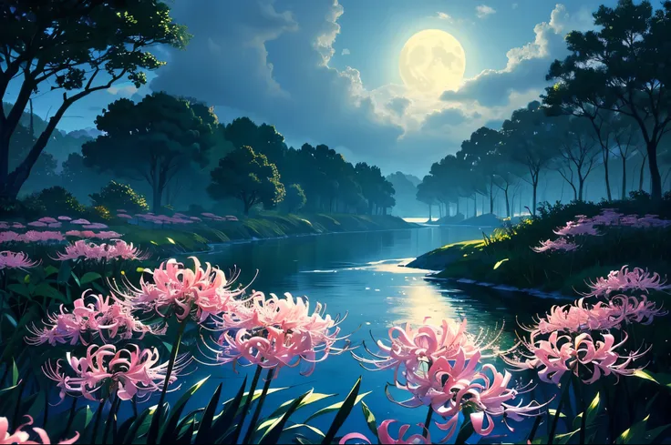 (masterpiece, best quality, super detailed,),create an artwork featuring a serene night scene with a full moon illuminating the ...