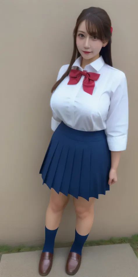 Above Orihime, Very large breasts, standing, Alone, School_Uniform_white_shirt_red_Bowtie_Navy_mini skirt, masterpiece, Best Quality, Detailed face, Detailed eyes, High resolution, ((whole body)), loafers