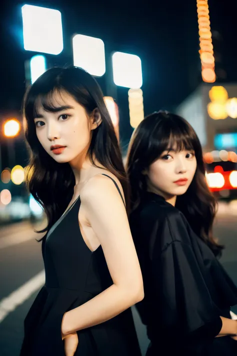 (Cinematic Aesthetic:1.4) Photo of 2 beautiful korean fashion model bokeh city night, two beautiful women, long straight hair with bangs, perfect features, hyperrealistic hair, strapless black dresses