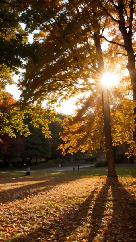 trees with leaves on them in a park with the sun shining through the trees, dau-al-set, by Jeff A. Menges, beautiful raking sunlight, sunset with falling leaves, autumn sunlights, soft autumn sunlight, autumn background