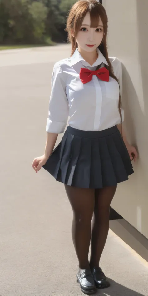 Above Orihime, Very huge_chest, standing, Alone, School_Uniform_white_shirt_red_Bowtie_gray_mini skirt, masterpiece, Best Quality, Detailed face, Detailed eyes, High resolution, (((whole body))), ((Black Loafers)), ((Realistic 70 denier black pantyhose))