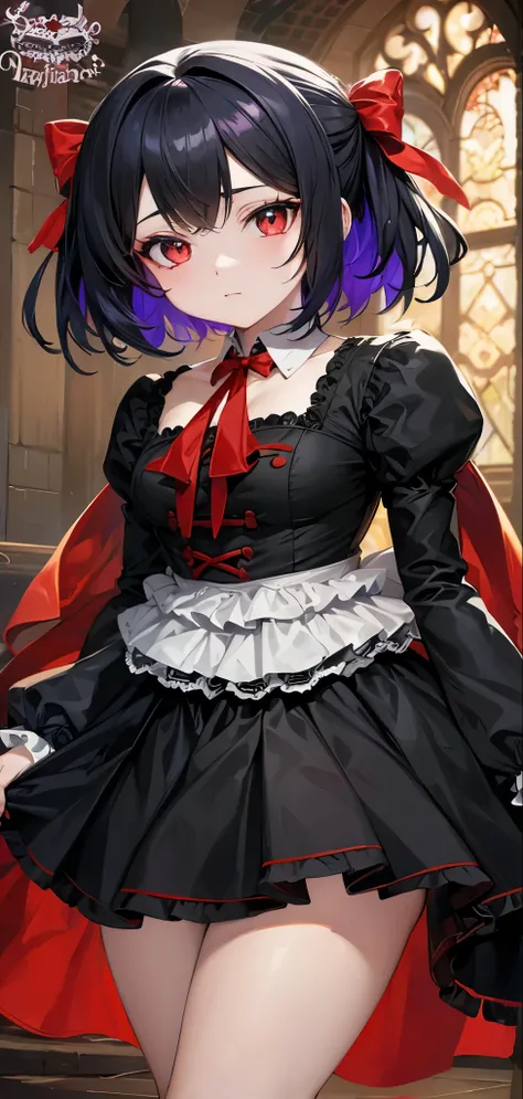 1 Cute anime girl, short black hair with blue highlights, red eyes, pale skin, elegant vintage black basket, goth 