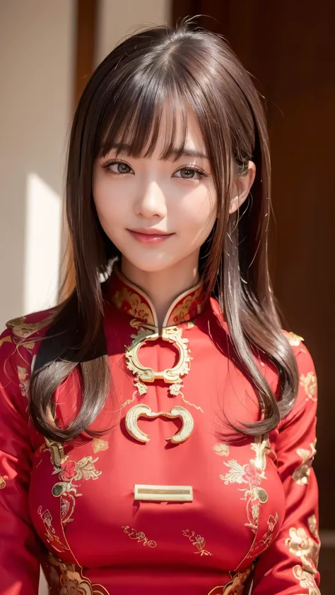 (Best Quality、Super A high resolution、masterpiece:1.3), (A woman wearing a red Chinese dress:1.2), Middle-length hair with bangs, Detailed moisturized eyes, Textured Skin, Best Quality, 8k, Blurred Background, Natural color lip, smile, A woman with perfect...