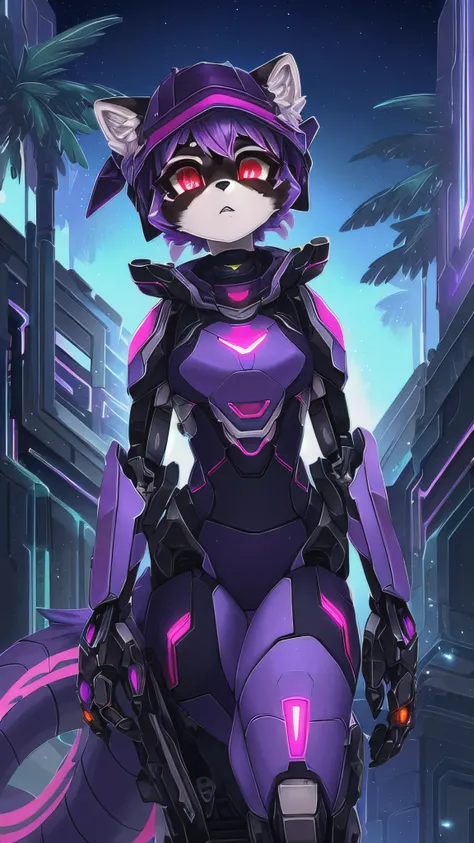 A raccoon in a purple suit and a purple hat., an antropopomorphic, fursona de voidpunk weirdcore, completely robotic, bright scarlet eyes, sky blue lights on shoulders, arms and palms. Luminous suit with dark lilac tones, with intense look