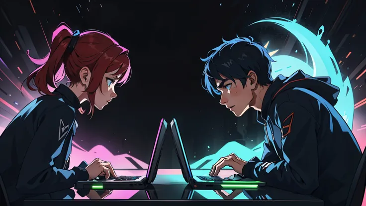 masterpiece, hyper detailed、Dark and reflective electric background、A man and a woman facing each other enjoying e-sports on a laptop、Side view、Each operates a laptop computer、They are facing each other and fighting、Man vs woman match、Sounds fun!、Incandesc...