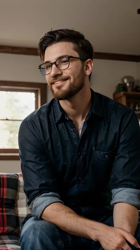 Boy with short black hair, modern hairstyle. Little beard. Glasses. Open red plaid dress shirt, lumberjack style. Blue jeans. Inside the living room of his house. Smiling.