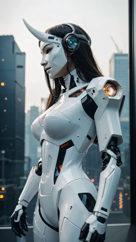 1girl, a beautiful girl cyborg cyberpunk with a cyberpunk city tall buildings, white hair, cybermask, white and orange and black machine suit color combination, the body full of machine, realistic futuristic hologram, asian skin tone, beautiful eye, beauti...