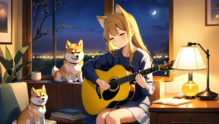 evening,
Girl sitting in a cozy corner, Pulling on the guitar.
The soft yellow light of the desk lamp illuminates her thoughtful expression., Demonstrates deep concentration and a calm demeanor.
Her gentle gaze comforts the heart..
Adds atmosphere to a qui...