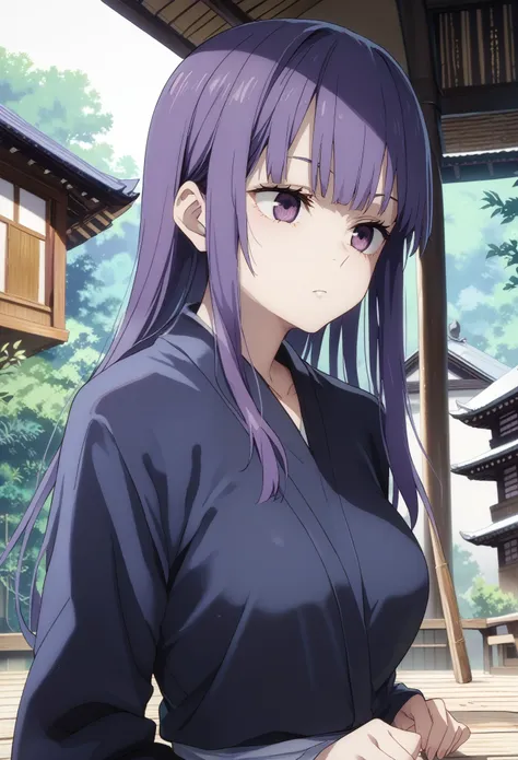 female , long hair, straight bangs, purple hair, medium breasts, purple eyes, wearing black kimono, traditional Japanese house background