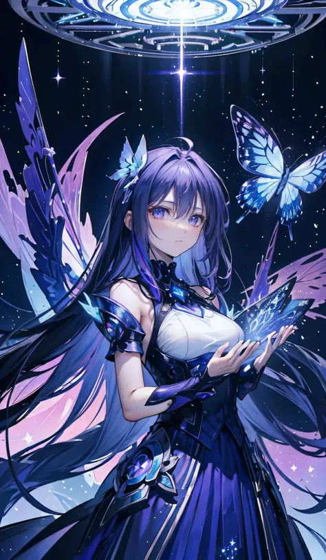 ((saint))Under the starry sky, a different world is filled with purple crystals and fantastical plants. Blue mist drifts through the air, and the floating islands are decorated with shining structures. Balls of light and butterflies float silently in the a...