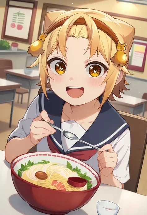 score_9, score_8_up, score_7_up, 1girl, solo, uncensored, yatogamemonaka, smile, sparkling eyes, sitting, eating, ramen, spoon,  open mouth,  dutch angle,  looking at viewer,  blonde hair, hairband, yellow eyes, school uniform, upper body, indoors, restaur...