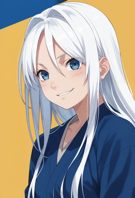 female, long hair, white hair, blue eyes, straight bangs, smiling, konoha background scenario