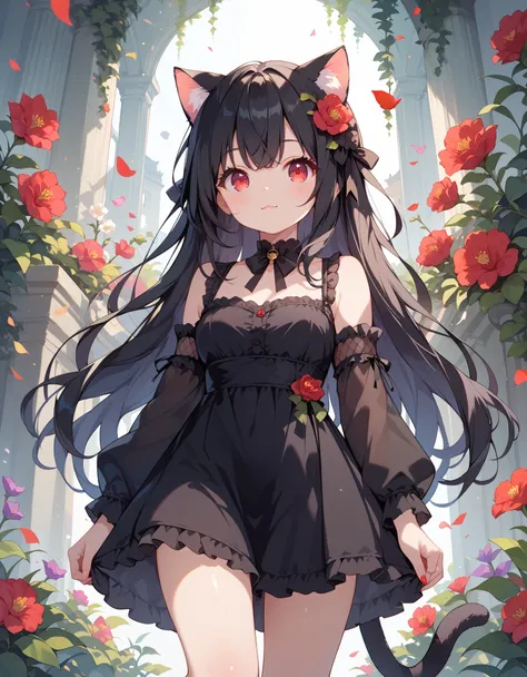 score_9, score_8_up, score_7_up, 1girl, black hair, long hair, red eye, many black flower, front view, cute, black dress, cat ea...